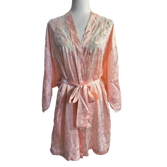 Vintage NATORI Floral Short Robe Lace Satin SIZE LARGE Pink 80s 90s - Picture 1 of 7